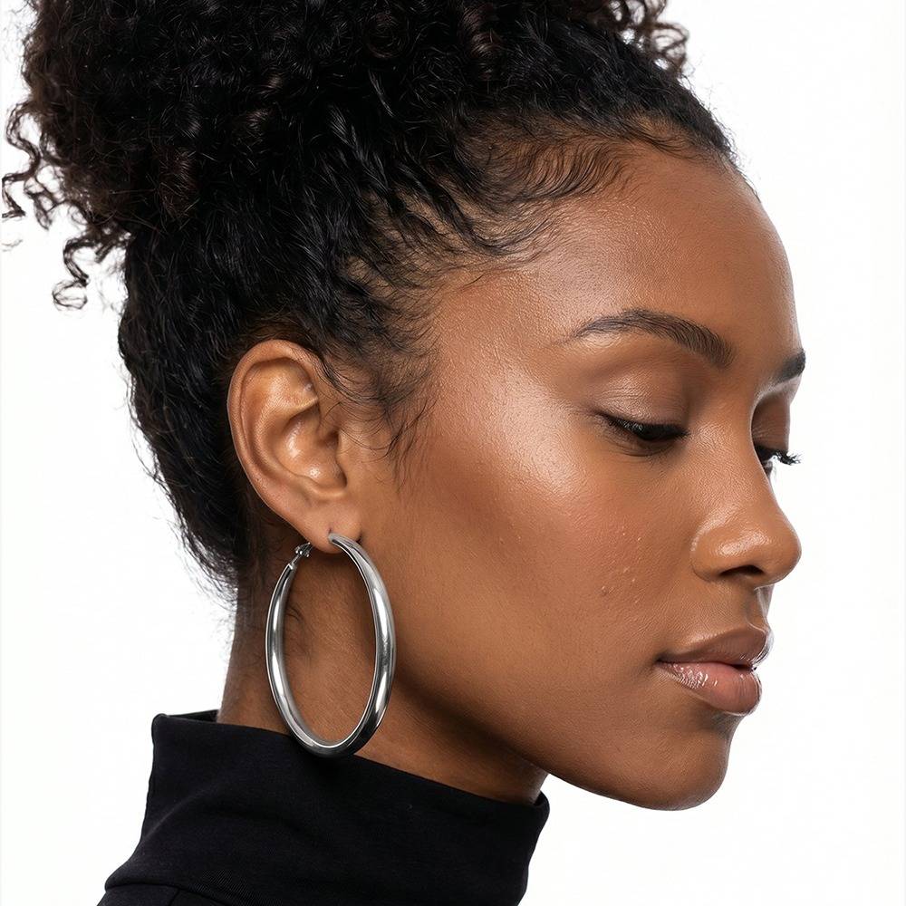 Classic Thick Rhodium Plated Hoop Earrings |Gifts For Women & Girls| Waterproof, Anti Tarnish, Skin Safe Jewellery  : OMER0111
