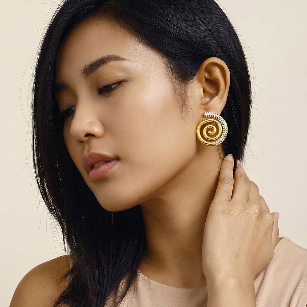 Spiral Edge Gold Plated Earrings |Gifts For Women & Girls| Waterproof, Anti Tarnish, Skin Safe Jewellery 18K Gold To : OMER072