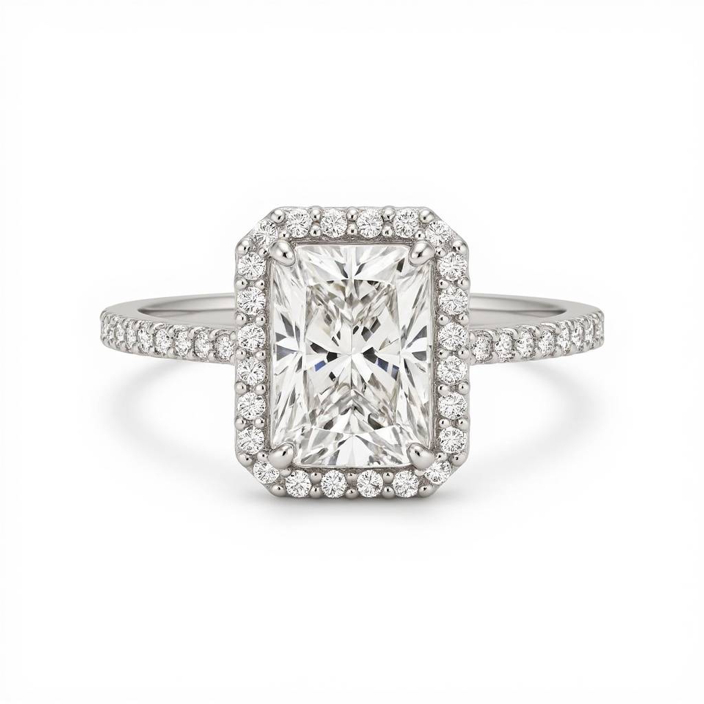 Radiant Cut Solitaire Halo Engagement Silver Ring : RG038