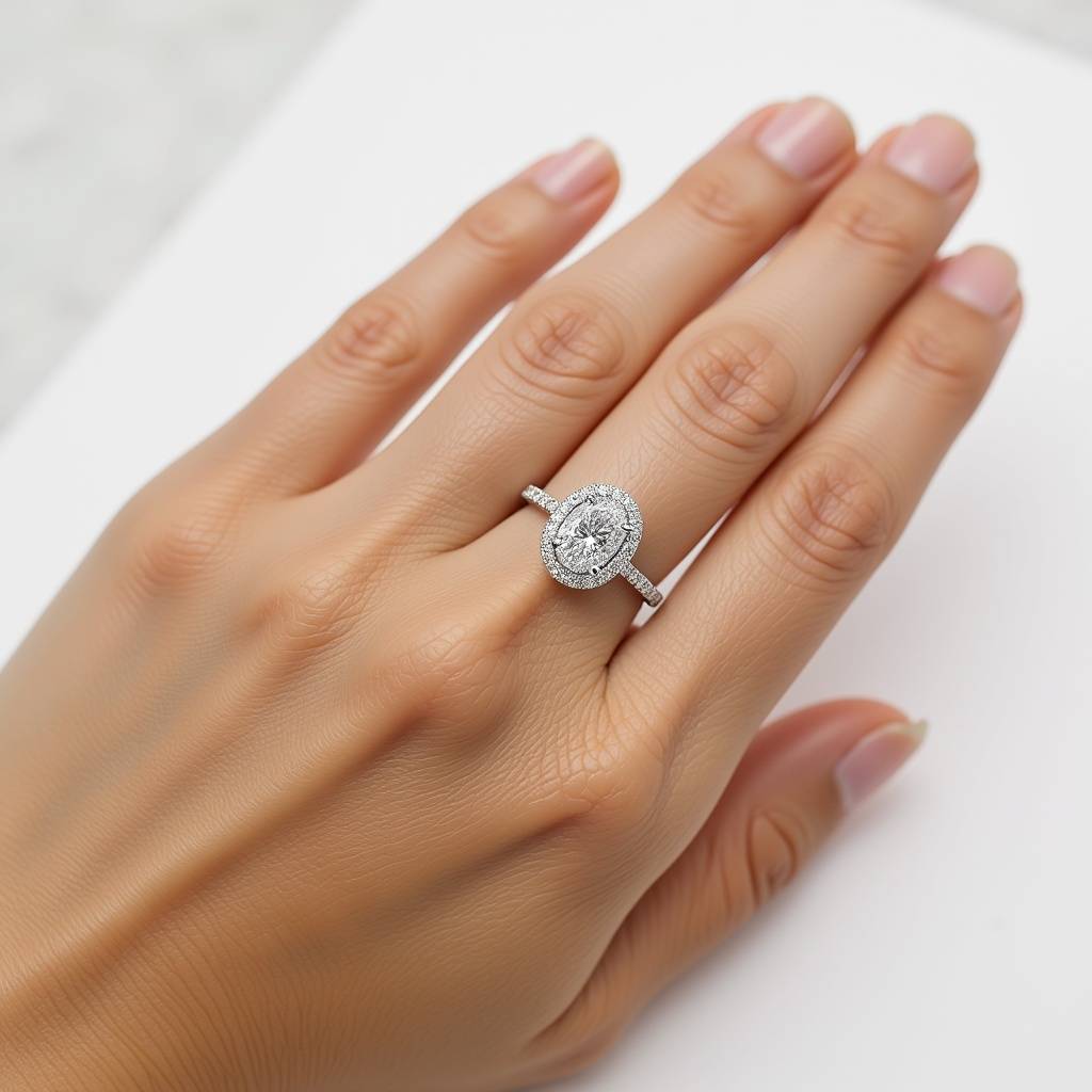 Elegant Oval Halo Diamond Engagement Ring In Sterling Silver : RG039