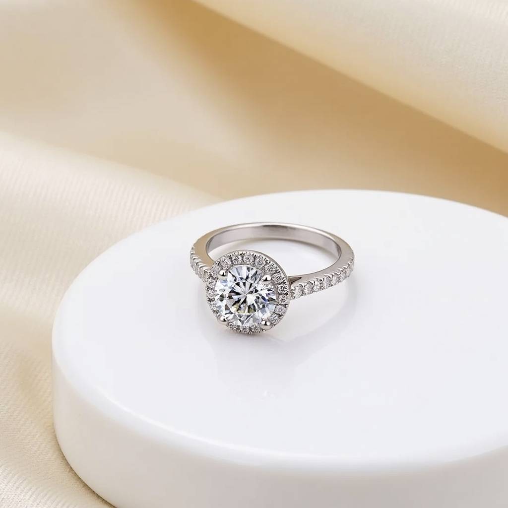 Sterling Silver Halo Diamond Engagement Ring : RG040