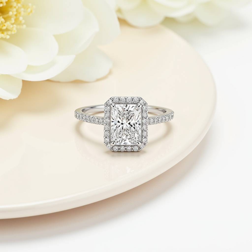 Radiant Cut Solitaire Halo Engagement Silver Ring : RG038