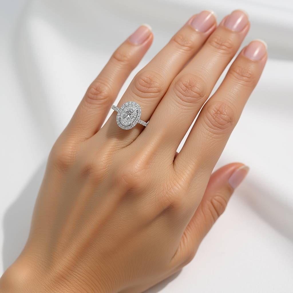 Elegant Oval Halo Diamond Engagement Ring In Sterling Silver : RG039