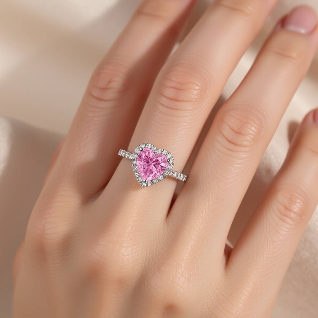 Elegant Heart-Shaped Pink Sapphire Silver Adjustable Ring : RG036