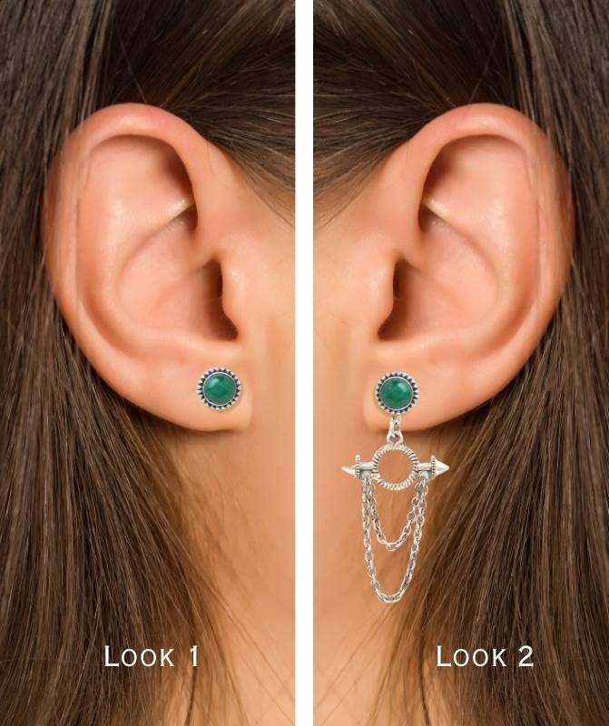 2 In 1 Detachable Pure Silver Astra Ear Drop With Green Stud : ECO004