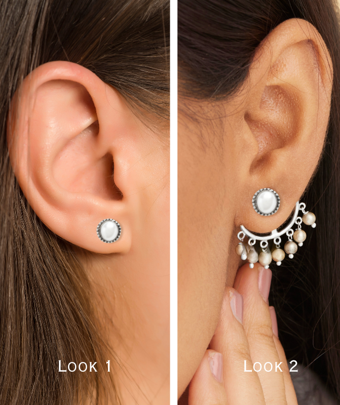 2 In 1 Pure Silver Ghungroo Ear Jacket With Pearl Stud : ECO019