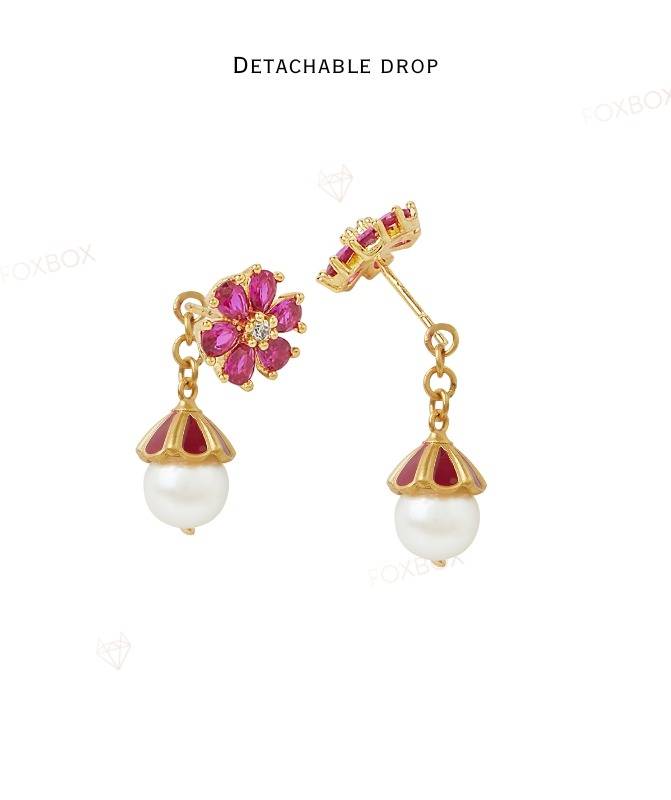 2 In 1 Pure Silver Detachable Dani Pearl Drop Jhumki Earring In Red : EC006