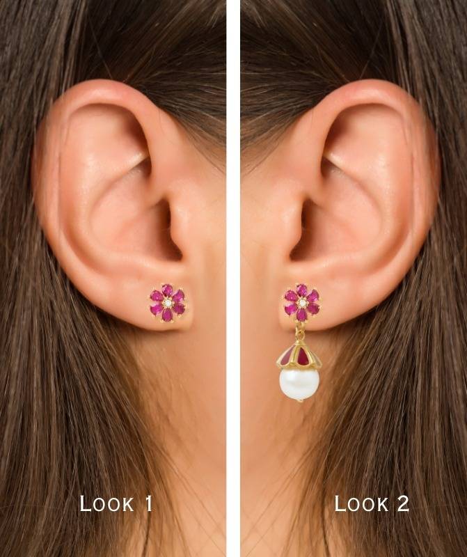 2 In 1 Pure Silver Detachable Dani Pearl Drop Jhumki Earring In Red : EC006