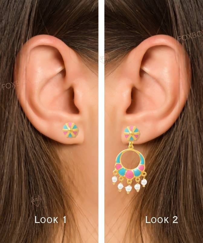 2 In 1 Pure Silver Detachable Kolam Chanbali In Multicolor : EC002