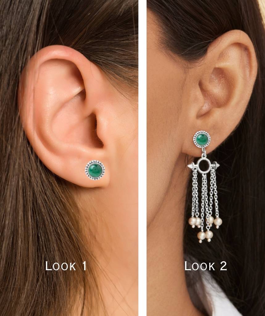 2 In 1 Detachable Pure Silver Jhalar Ear Drop With Green Stud : ECO023