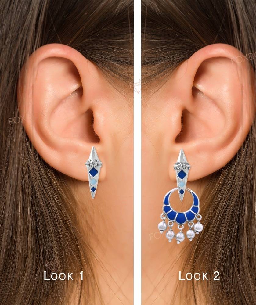 2 In1 Pure Oxidised Silver Detachable Chandbali Earring In Indigo Enamel| Anoha : ECO001