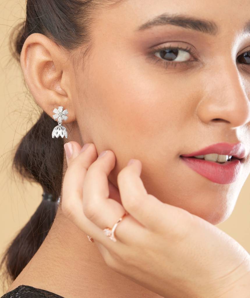 2 In 1 Pure Silver Chloe Detachable Jhumki Earring In Silver Rhodium : EC010
