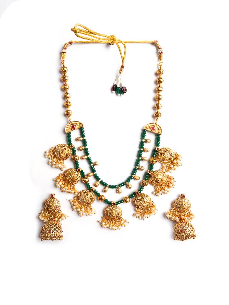 Beads Double Line Filigree Necklace Set : PA15Green