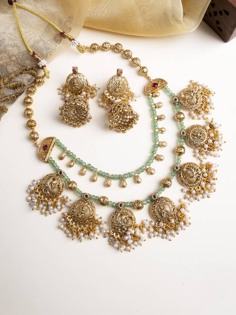 Beads Double Line Filigree Necklace Set : PA15Mint