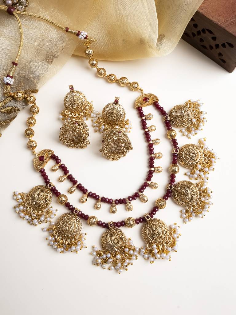 Beads Double Line Filigree Necklace Set : PA15Red