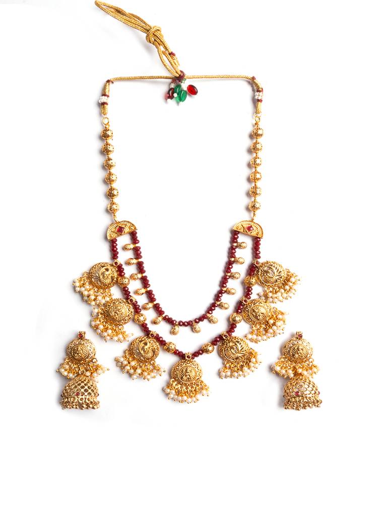 Beads Double Line Filigree Necklace Set : PA15Red