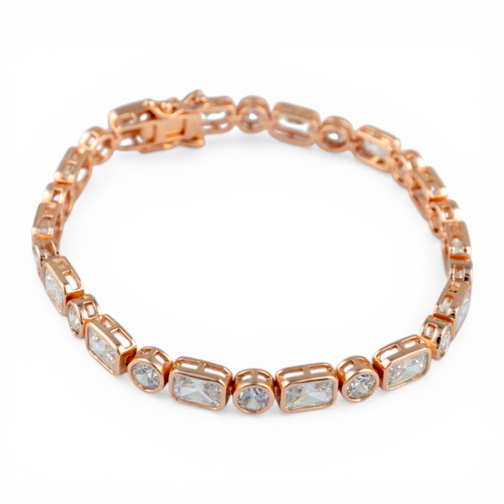 Rose Gold Plated Emerald Cut Sparkle Tennis Bracelet : P-BR32