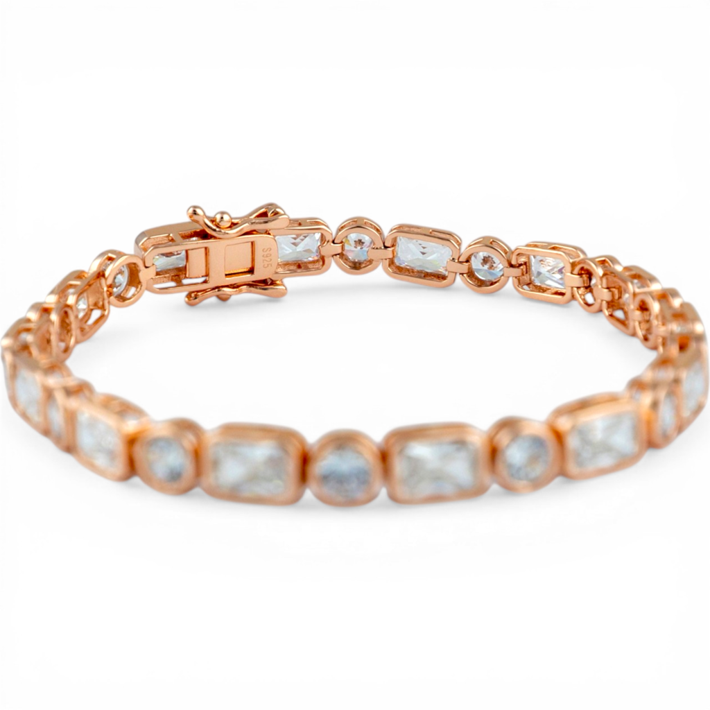 Rose Gold Plated Emerald Cut Sparkle Tennis Bracelet : P-BR32