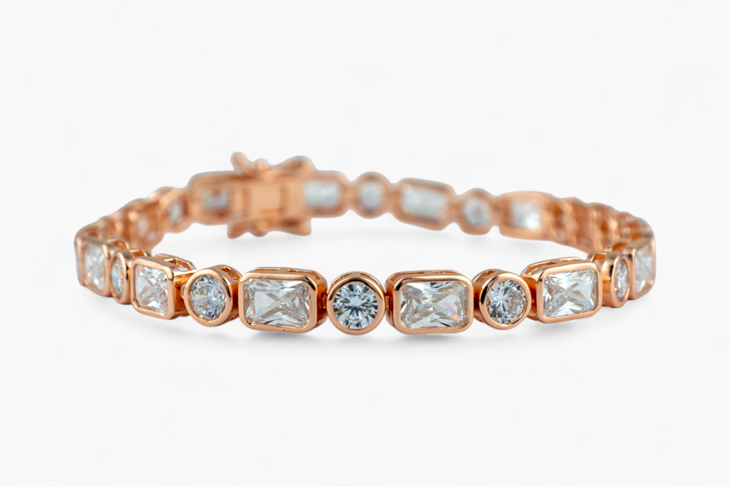 Rose Gold Plated Emerald Cut Sparkle Tennis Bracelet : P-BR32