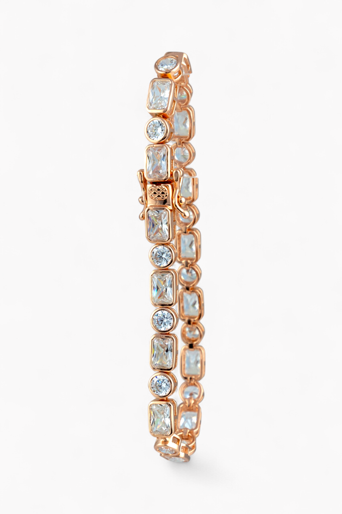 Rose Gold Plated Emerald Cut Sparkle Tennis Bracelet : P-BR32