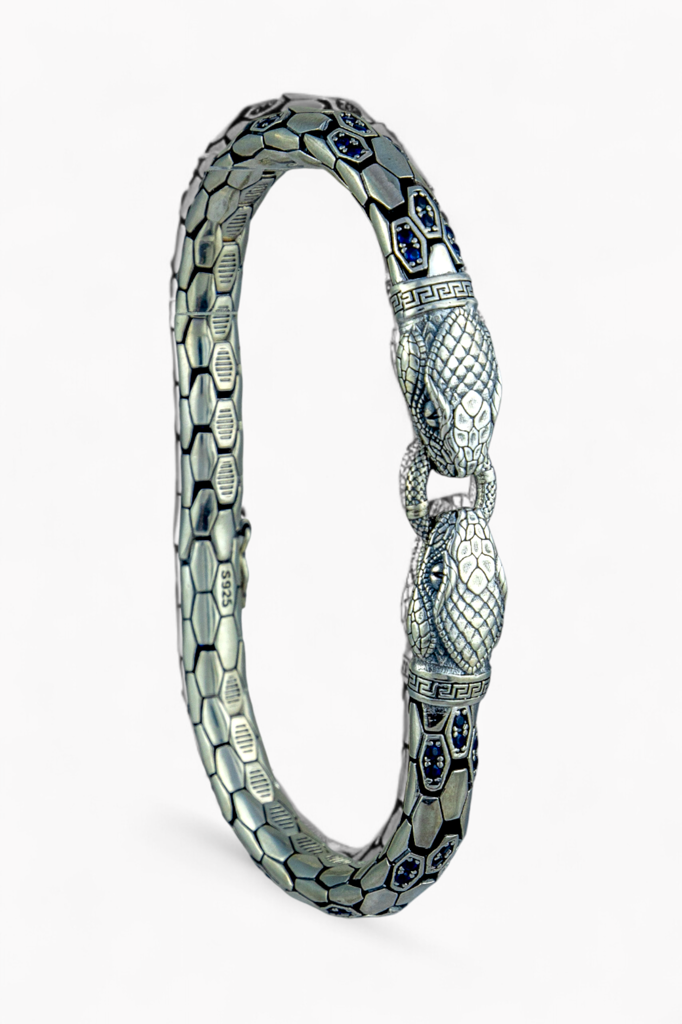 Men'S 925 Sterling Silver Double Snake Head Bracelet : P-BR25
