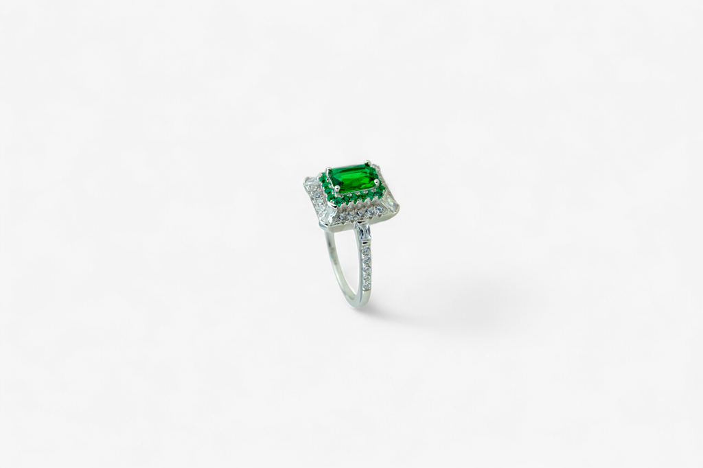 925 Silver Emerald-Cut Statement Ring | Green Cz Halo : SKU-P-RG94