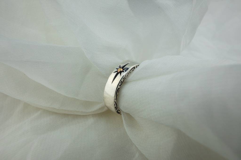 Handcrafted Silver Mountain Range Ring With Gold Sun : SKU-P-RG55