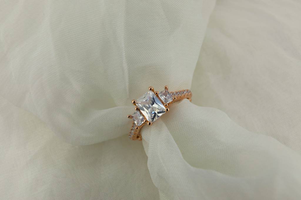925 Silver Emerald-Cut Ring | Rose Gold Solitaire : SKU-P-RG66