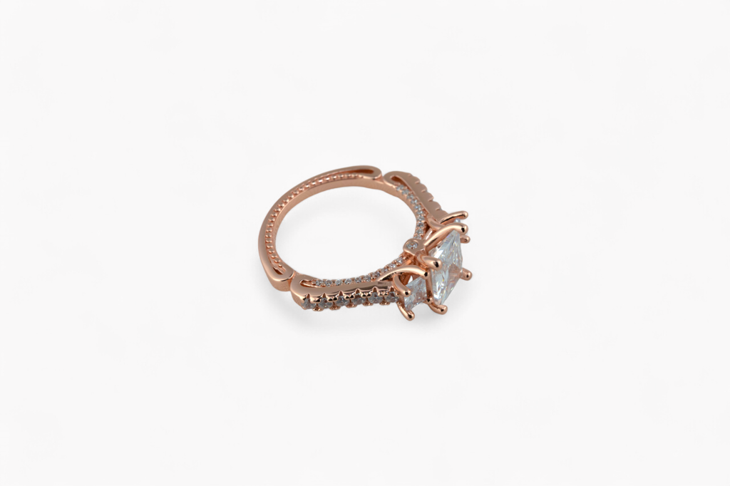 925 Silver Emerald-Cut Ring | Rose Gold Solitaire : SKU-P-RG66