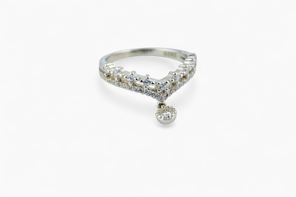Silver-Tone Tiara Ring | 925 Silver Crown Ring With Pear-Cut Drop : SKU-P-RG33
