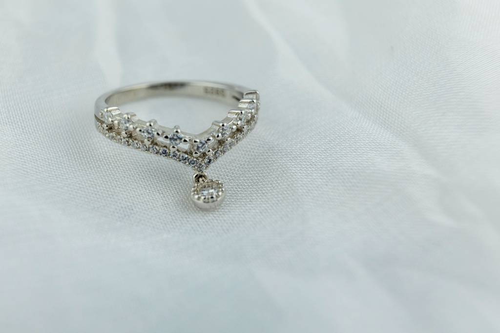 Silver-Tone Tiara Ring | 925 Silver Crown Ring With Pear-Cut Drop : SKU-P-RG33