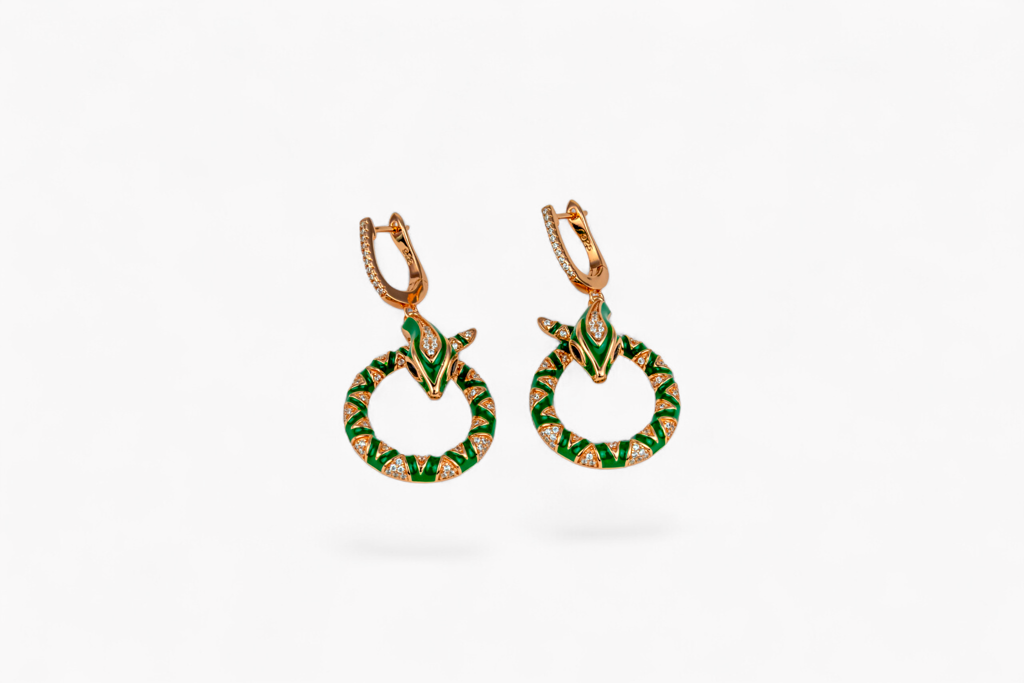 The Green Enamel Serpent Hoops In Rose Gold Finish : P-ER1