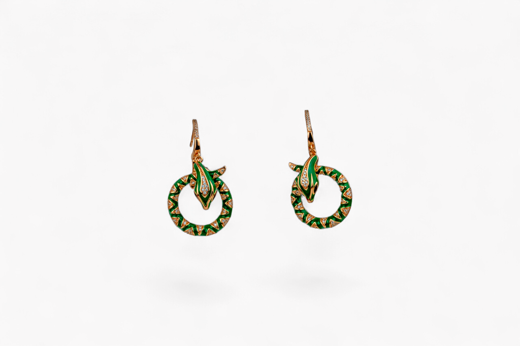 The Green Enamel Serpent Hoops In Rose Gold Finish : P-ER1