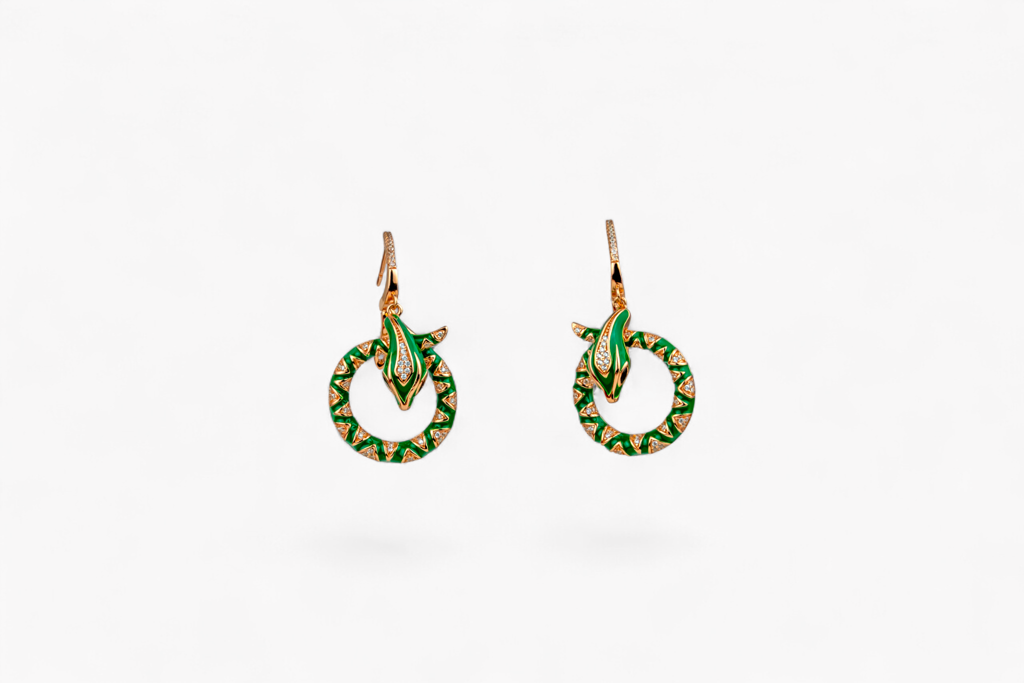 The Green Enamel Serpent Hoops In Rose Gold Finish : P-ER1