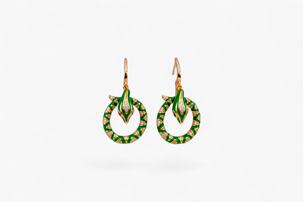 The Green Enamel Serpent Hoops In Rose Gold Finish : P-ER1