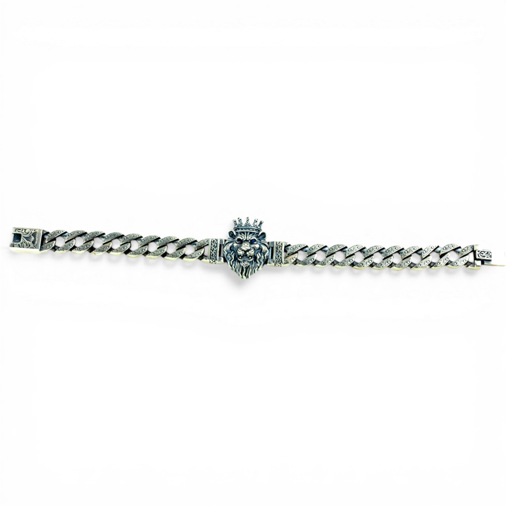Lion Head Silver Curb Chain Bracelet : P-BR22