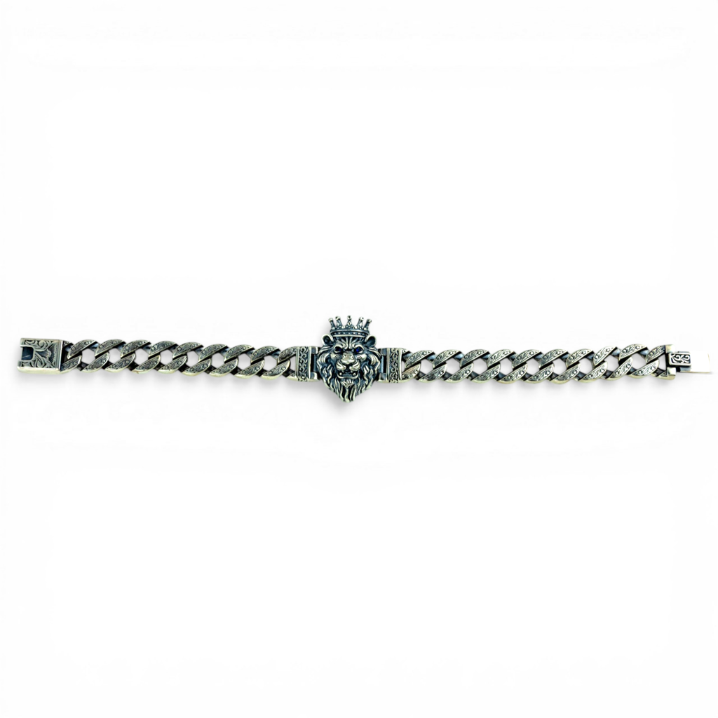 Lion Head Silver Curb Chain Bracelet : P-BR22