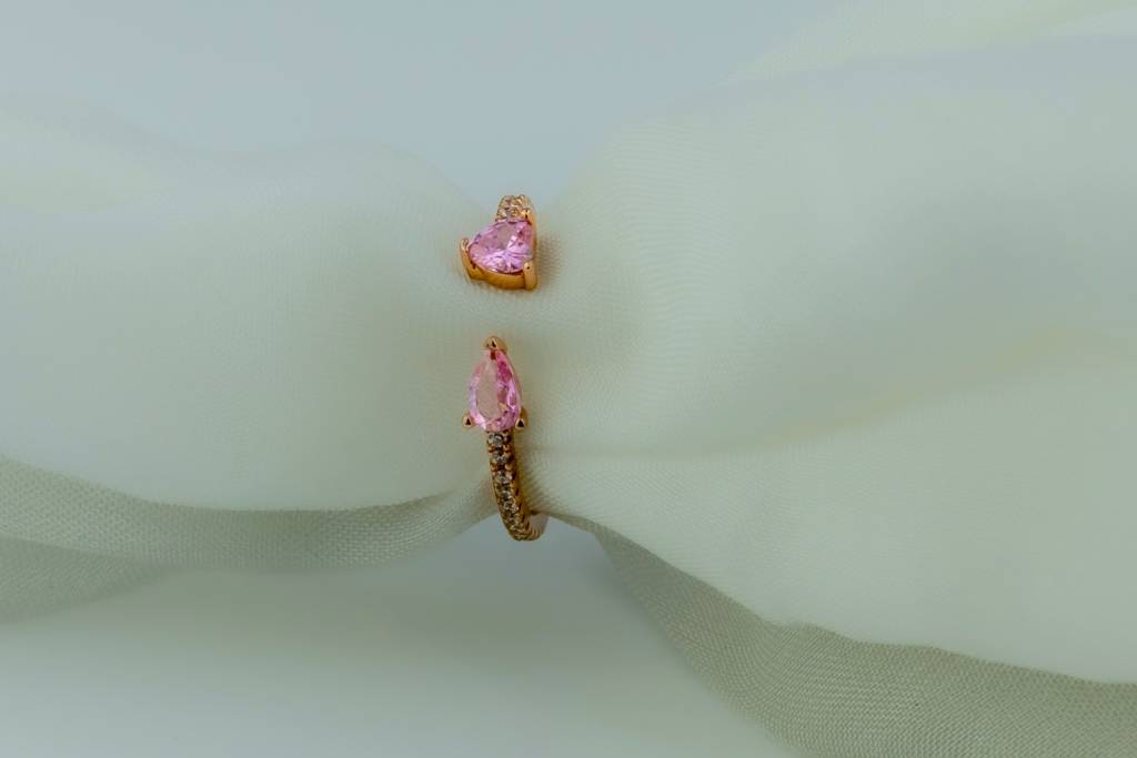 925 Sterling Silver Pink Heart Open Cuff Ring | Adjustable Toi Et Moi Design : SKU-P-RG92