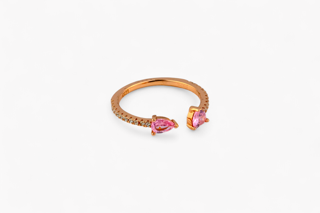 925 Sterling Silver Pink Heart Open Cuff Ring | Adjustable Toi Et Moi Design : SKU-P-RG92