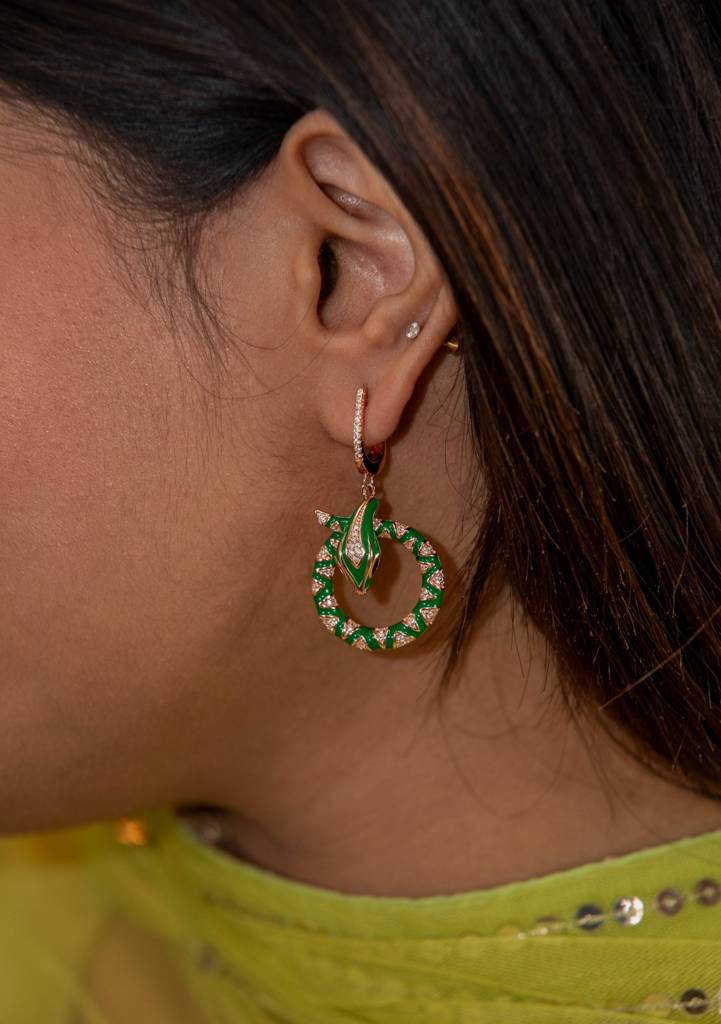 The Green Enamel Serpent Hoops In Rose Gold Finish : P-ER1