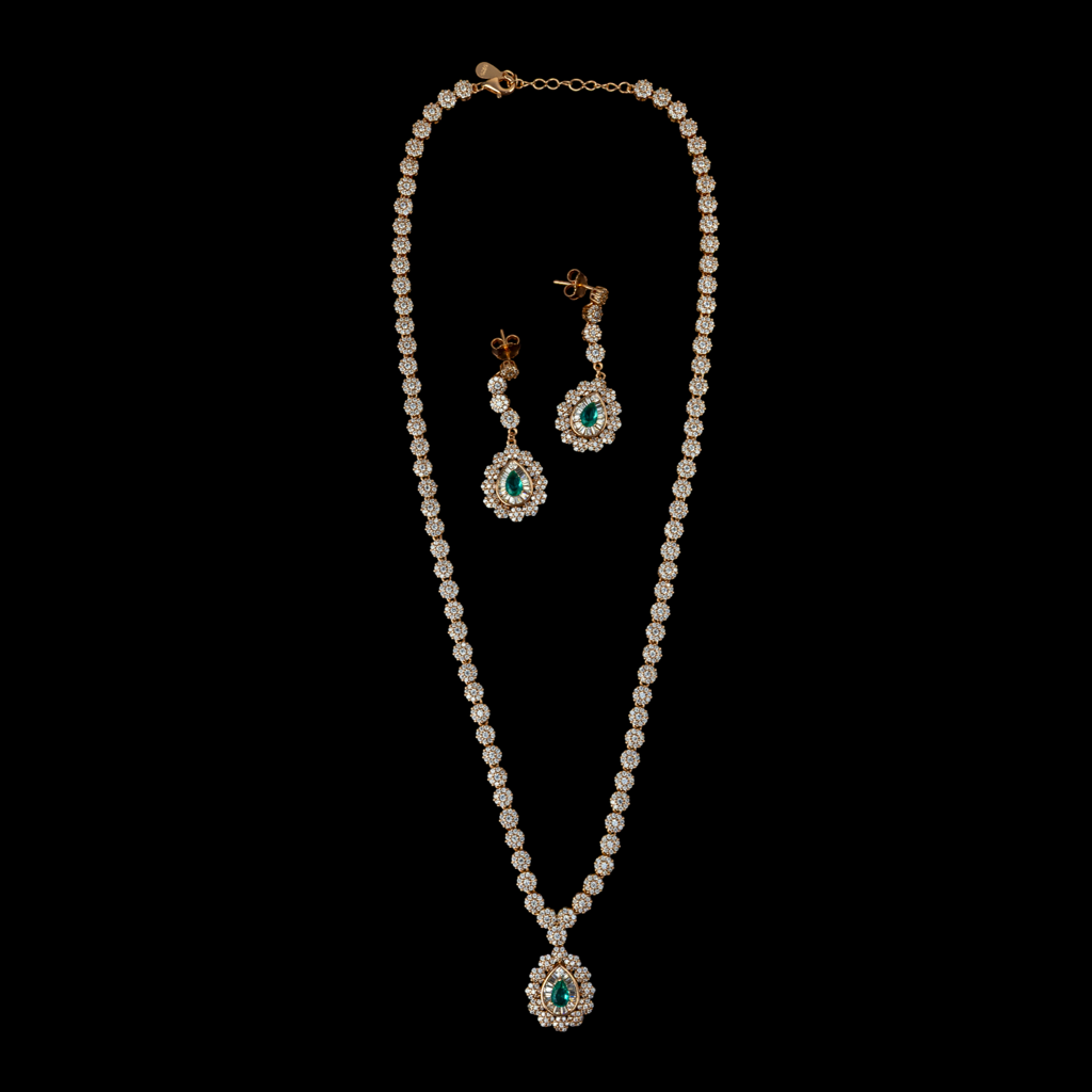 Green Stone Halo Pendant Necklace Set : P-NECK5