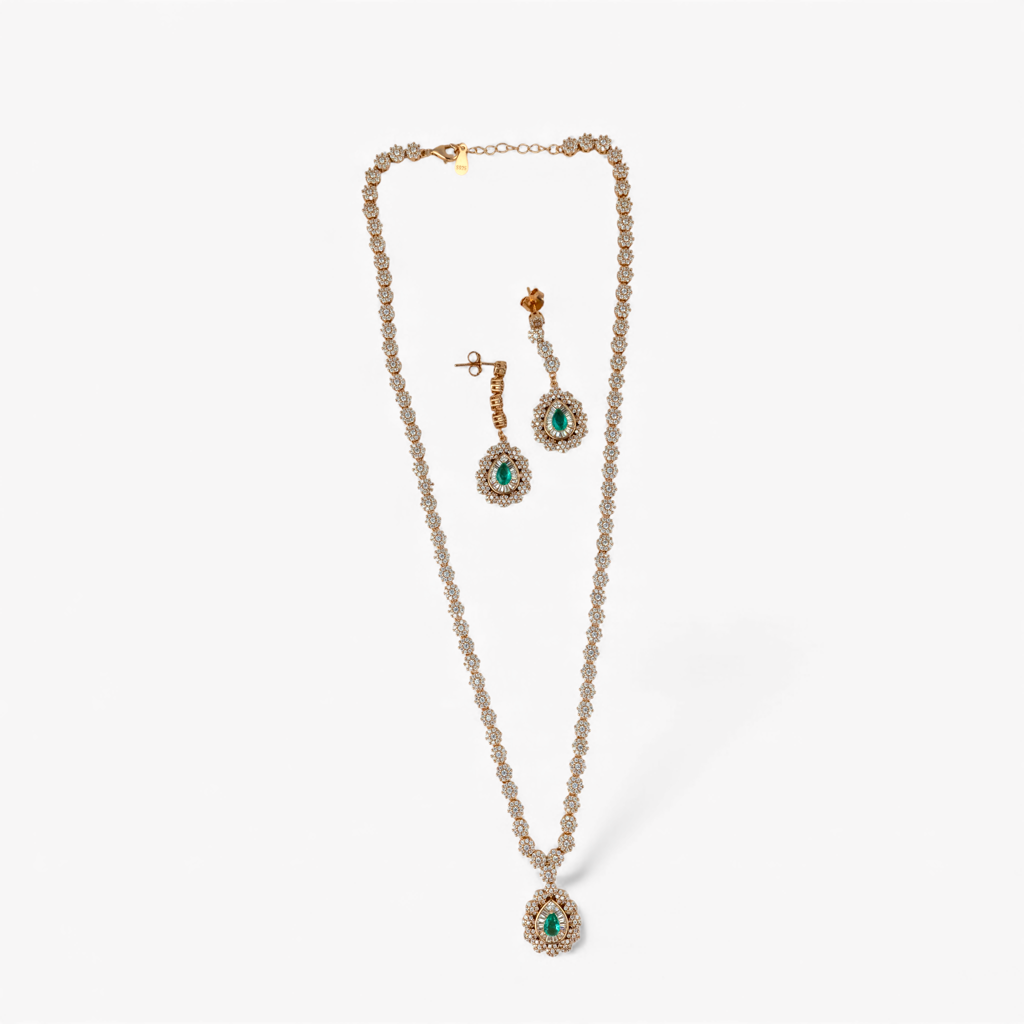 Green Stone Halo Pendant Necklace Set : P-NECK5