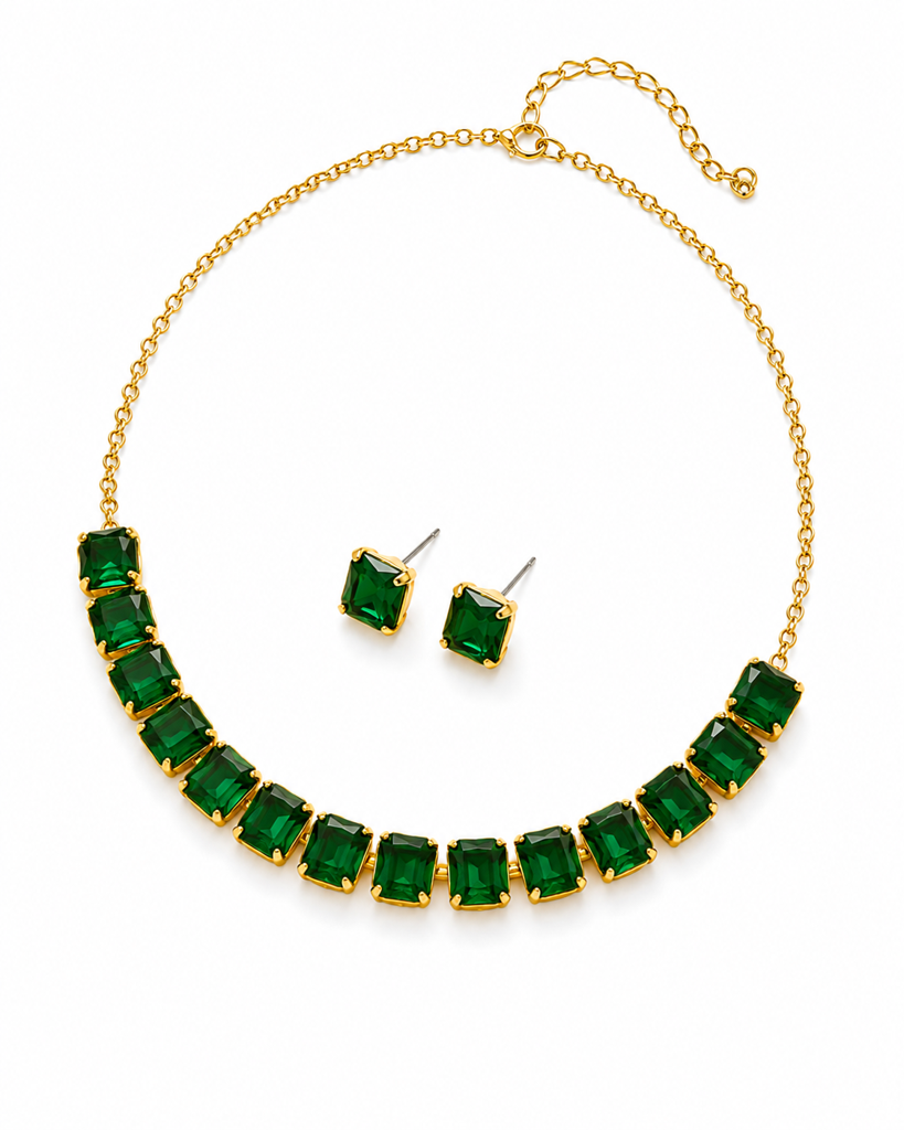 Necklace Anti-Tarnish Single-Line Emerald Set With Earrings : RDWJNC302