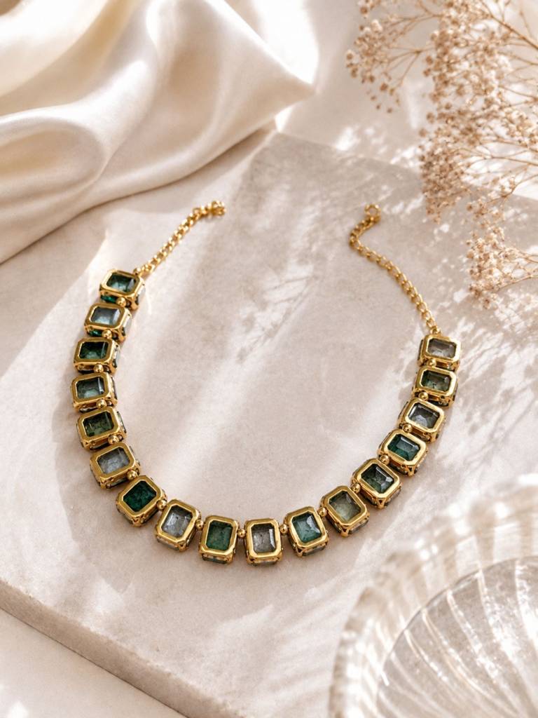 Necklace Anti-Tarnish Single-Line Emerald Set With Earrings : RDWJNC302