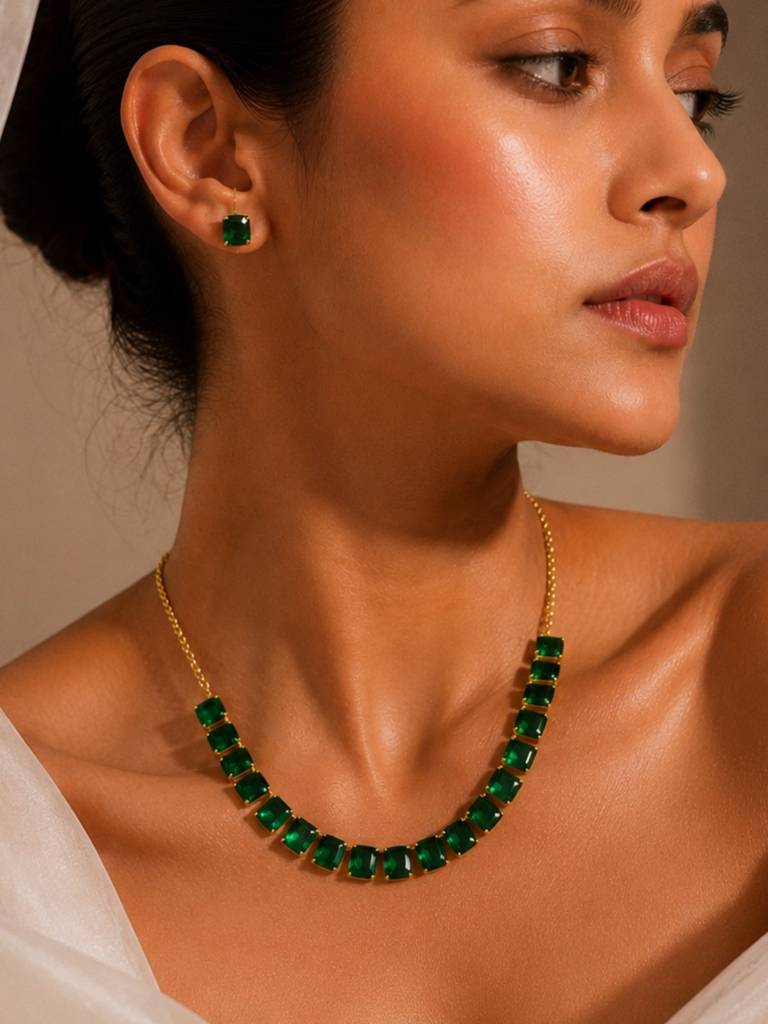 Necklace Anti-Tarnish Single-Line Emerald Set With Earrings : RDWJNC302