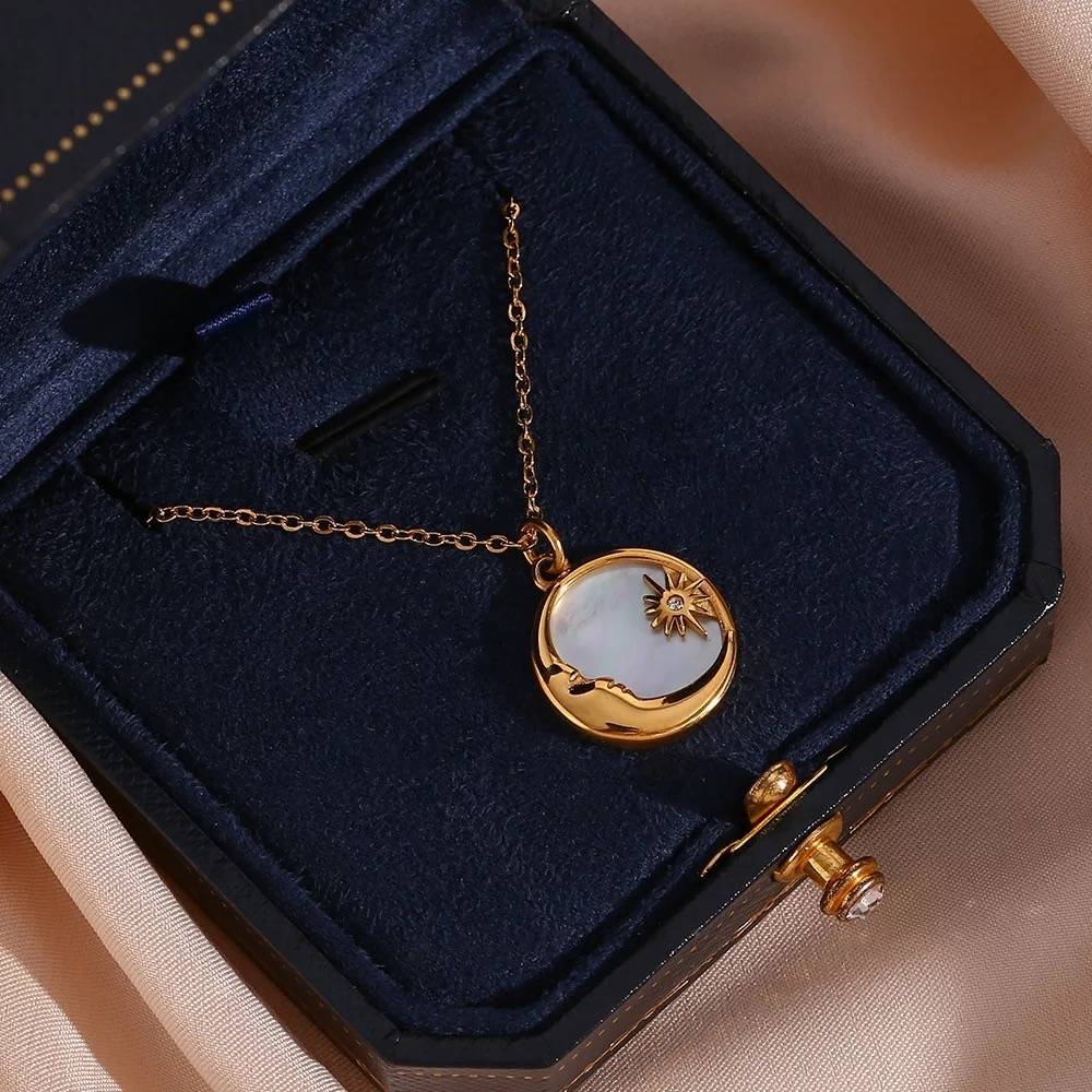 18Kt Gold Plated Dainty Shell Sun & Moon Necklace, Paulami