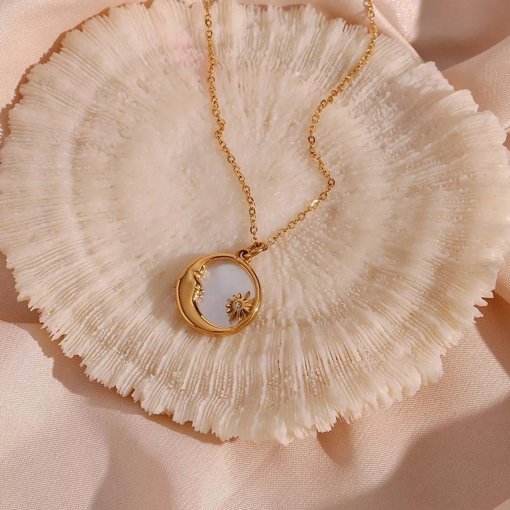 18Kt Gold Plated Dainty Shell Sun & Moon Necklace, Paulami