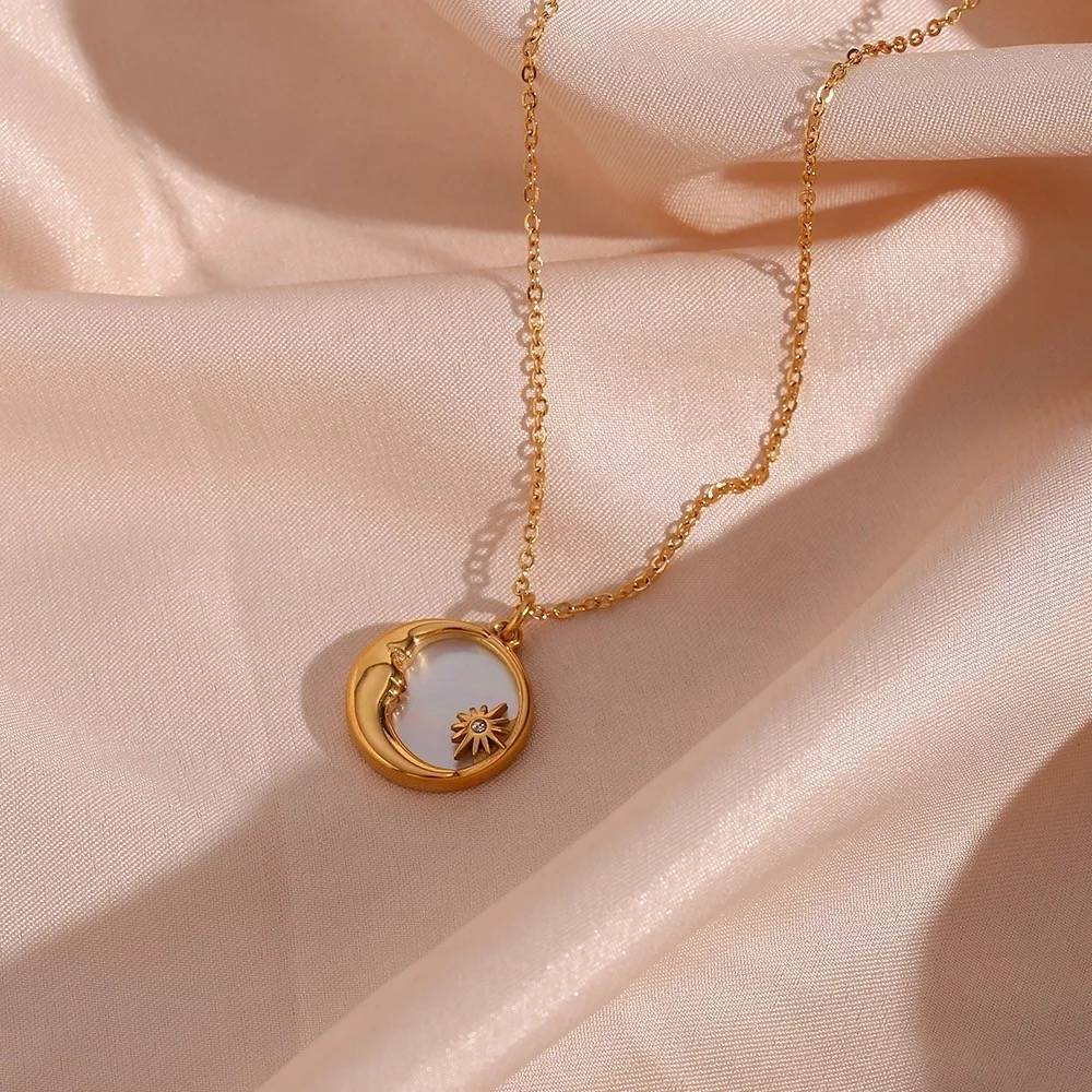 18Kt Gold Plated Dainty Shell Sun & Moon Necklace, Paulami