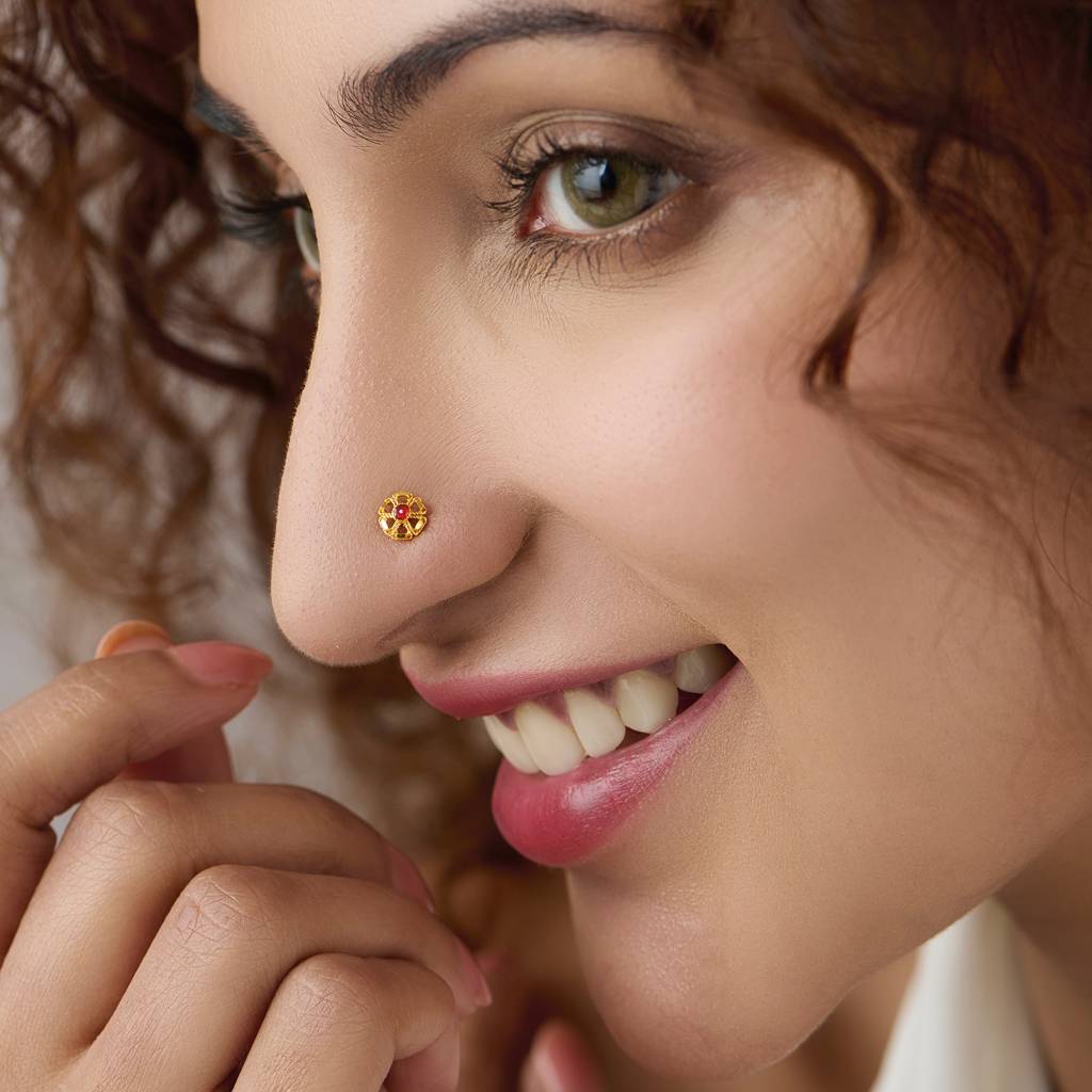 Yuvora 18K Yellow Gold Rouge Loop Nose Pin For Women | Screw Back Closure | Bis Hallmarked | Pure Gold N : PCNP1073-DC-18YG-IS