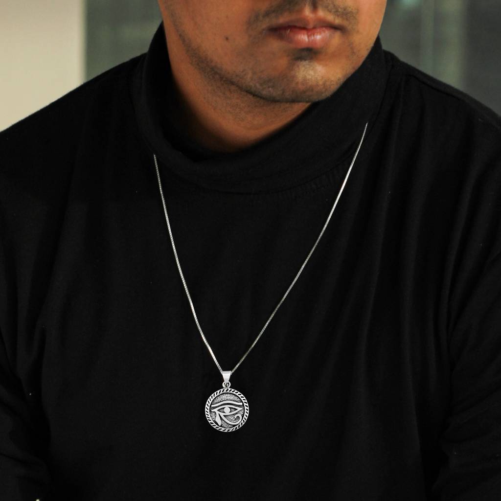 925 Oxidised Silver All-Seeing Eye Pendant With Box Chain For Him| Gifts For Men And Boys | With Certificate Of Auth : PD02046